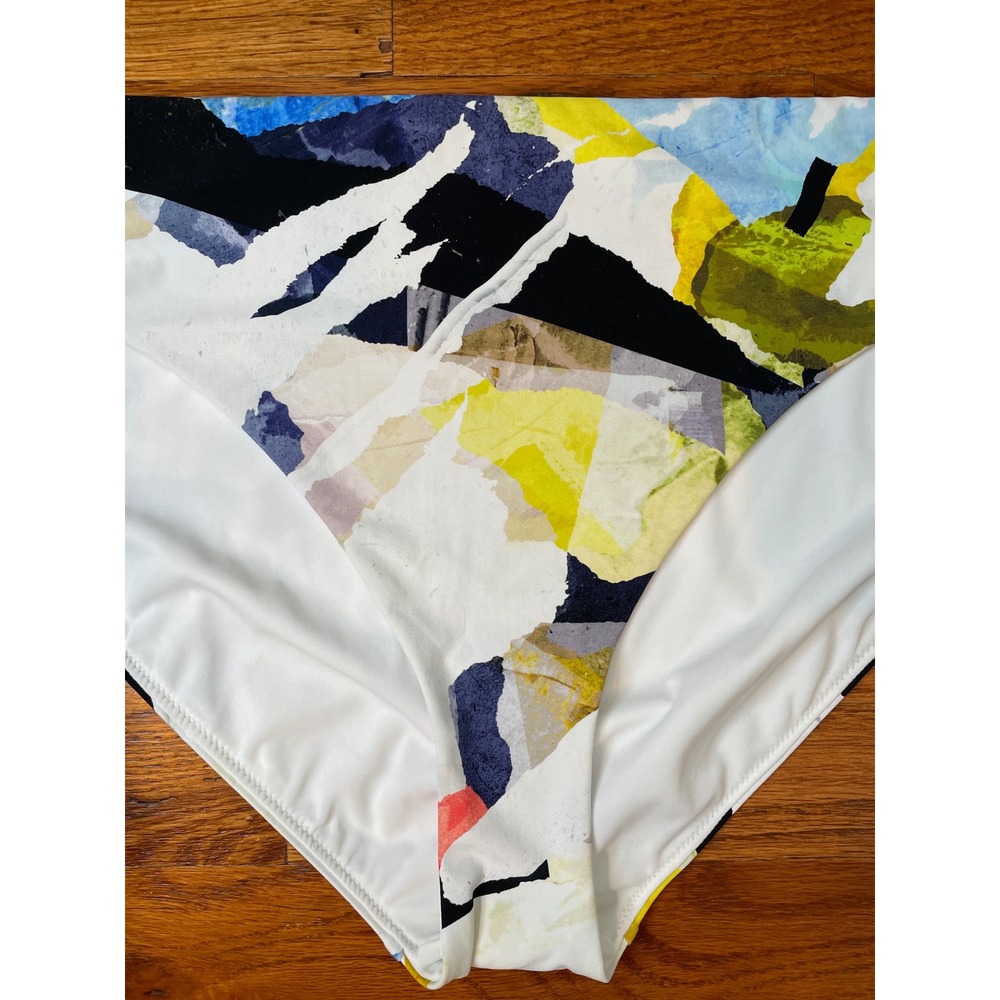 CALIA Bikini Bottoms Womens XL White Mid Rise High Leg Abstract Collage New - Picture 2 of 10